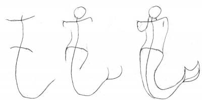 Для малювання русалки Вінкс, потрібно провести лінію, так як русалка не має ніг, то проведіть довгасту вигнуту лінію і стежте за інструкцією